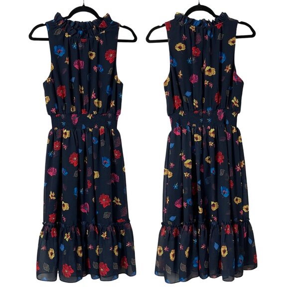 1901 Dresses & Skirts - 1901 Navy Floral Midi Dress Size 8 Medium Fun Spring Print Smocked Waist Ruffles